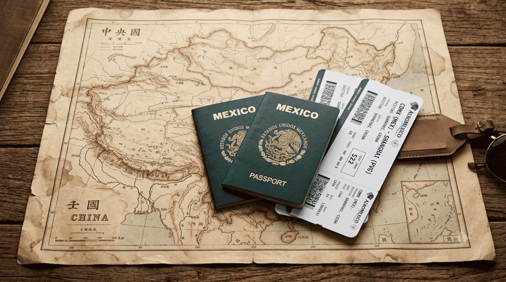 imagen de mapa de china con pasaporte mexicano y boletos de avion a China