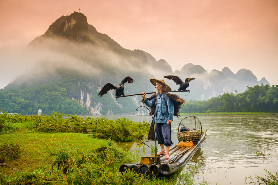 hombre en campos de arroz de yangshuo